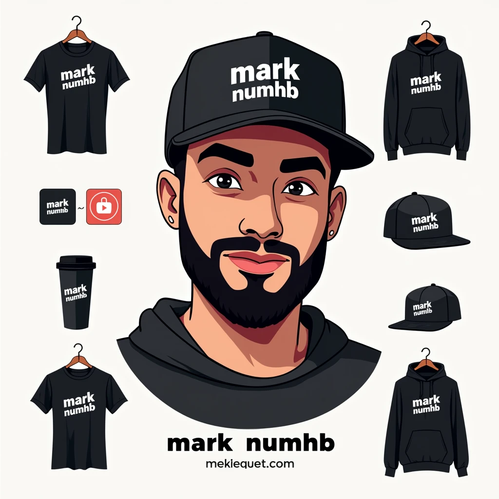 Create a social media profile photo for A young man with a beard and black basketball hat with the logo "Mark Numhb " with Facebook icon,Twitter icon ,Instagram icon ,twitter icon and tiktok icon where the person completes the design and puts them Vectors, Vector T-shirts, Vector Cups, Vector Caps and Vector Hoodies Sell online