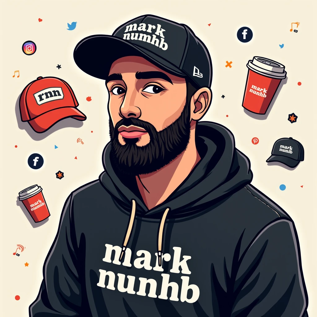 Create a social media profile photo for A young man with a beard and black basketball hat with the logo "Mark Numhb " with Facebook icon,Twitter icon ,Instagram icon ,twitter icon and tiktok icon where the person completes the design and puts them Vectors, Vector T-shirts, Vector Cups, Vector Caps and Vector Hoodies Sell online 