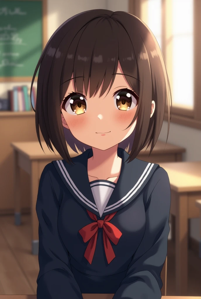 Highest quality, Face Focus, Soft Light, Ultra-high resolution, (Realistic:1.4), RAW Photos, 1 Japanese girl, alone, cute, (A shy smile:0.5), (Brown eyes, Light in your eyes), Beautiful face in every detail, (Small box),(High resolution detail of human skin texture), (Short Bob Hair), break, In the classroom,Navy uniform, Best, skirt