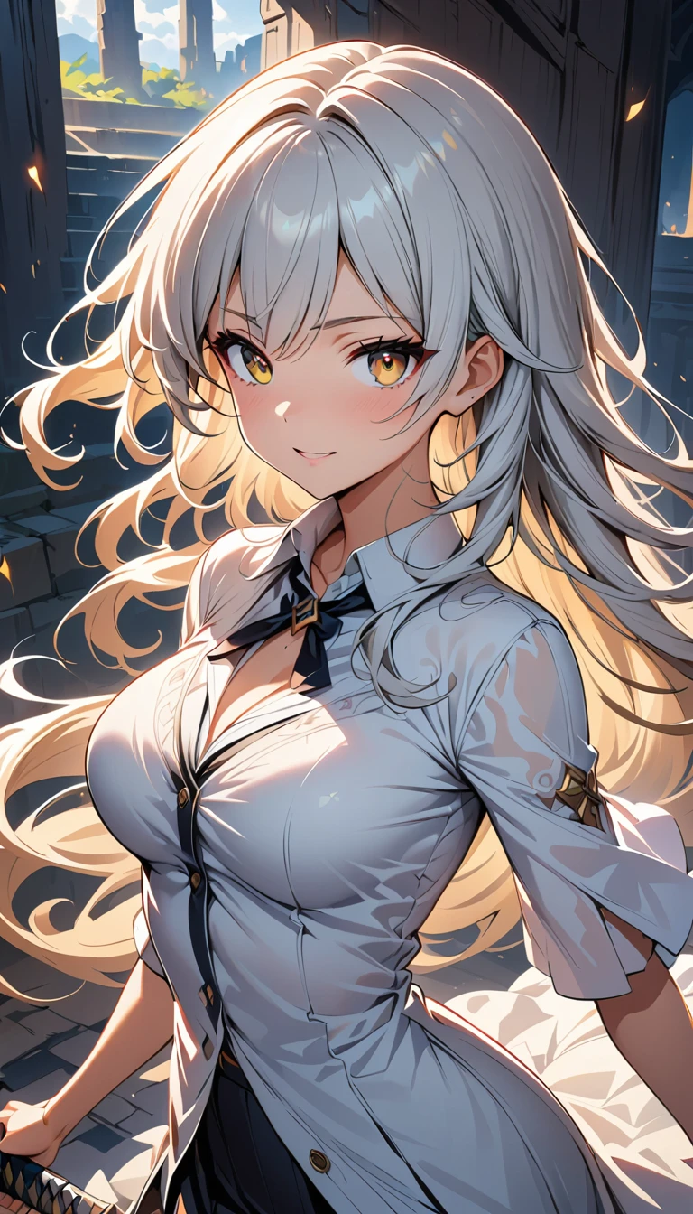 (masterpiece, best quality:1.3), (extremely detailed CG illustration), (beautiful detailed dynamic light, best shadows:1.1), (shiny and glossy skin),Black anime girl with long white hair dressed in white, Yellow Eyes, With sword, Shocking Genshin style