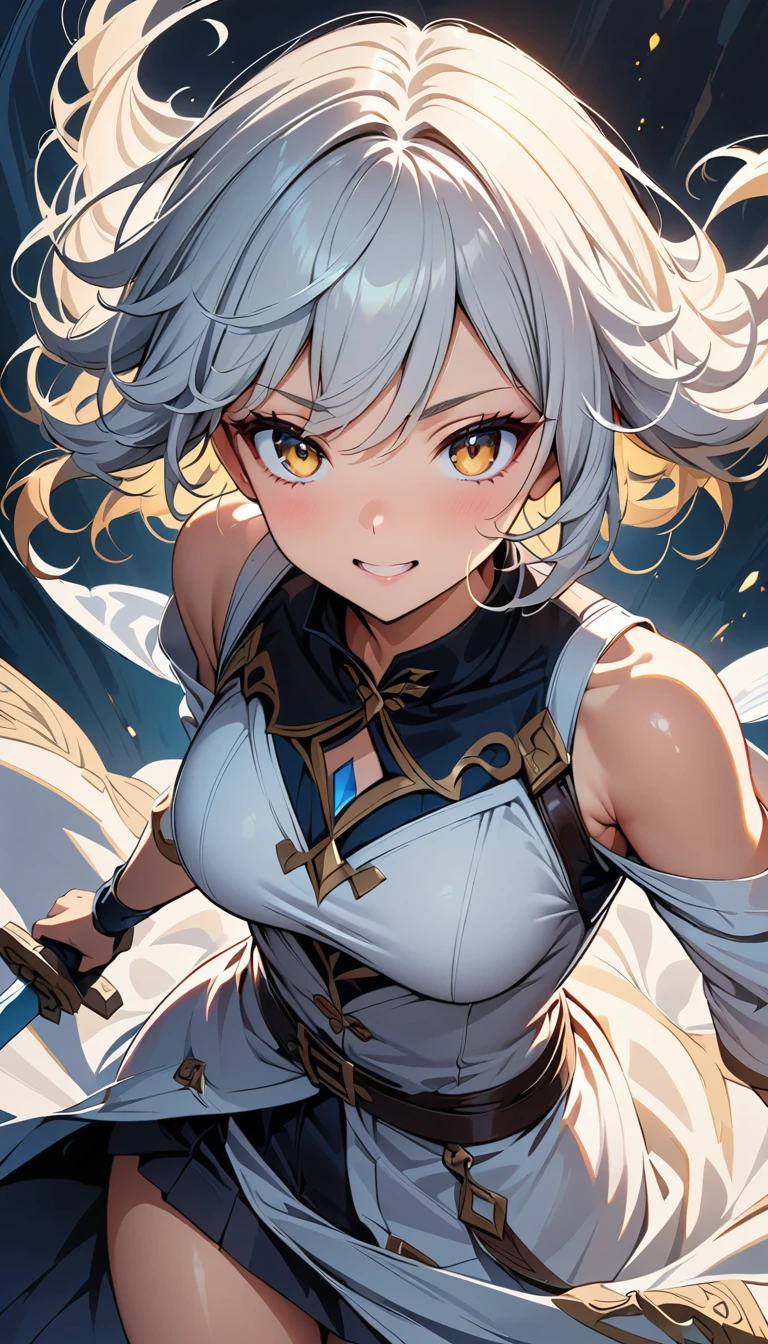 (masterpiece, best quality:1.3), (extremely detailed CG illustration), (beautiful detailed dynamic light, best shadows:1.1), (shiny and glossy skin),Black anime girl with long white hair dressed in white, Yellow Eyes, With sword, Shocking Genshin style