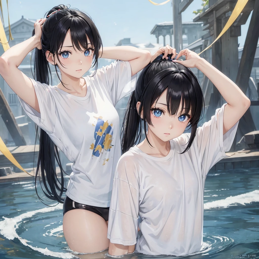 (masterpiece:1.2),(anime),Eyes Shining，Shining Eyes，shine，Light of the Eye，Black Hair，ponytailを括る，Tying up hair，ponytail，Fleeting，Light blue eyes，golden eyes，Background is white，No background，Clothes: White T-shirt，Lighter pigment、Water color、golden eyes，glitter eyes