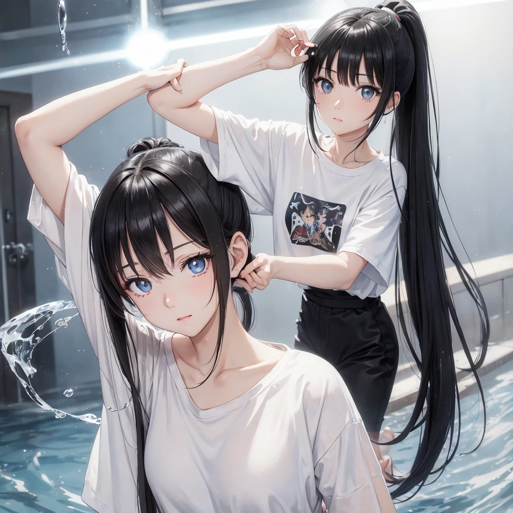 (masterpiece:1.2),(anime),Eyes Shining，Shining Eyes，shine，Light of the Eye，Black Hair，ponytailを括る，Tying up hair，ponytail，Fleeting，Light blue eyes，golden eyes，Background is white，No background，Clothes: White T-shirt，Lighter pigment、Water color、golden eyes，glitter eyes