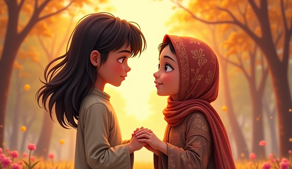 In the artwork, the scene captures a boy with long, flowing hair and a girl in a beautifully patterned hijab, both standing closely together, hands intertwined. The boy has a gentle expression, his eyes reflecting curiosity and attentiveness. The girl, with a thoughtful gaze, is animatedly talking to him, her mouth slightly open as she shares a story or an idea. Surrounding them is a vibrant, dreamlike background filled with soft colors, perhaps a park or a garden, enhancing the warmth of their connection. The overall mood is one of friendship, understanding, and shared moments.
