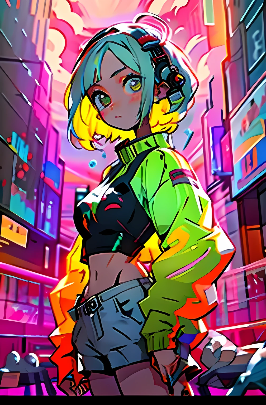 (Highest quality, masterpiece), One girl, cyber punk, neon, Cloudy, (comics: 1.5), sexy, string, Large Breasts, tight, , small, neon signs, Soba restaurant, Crop top, fishing net, Really low waist, transparent,