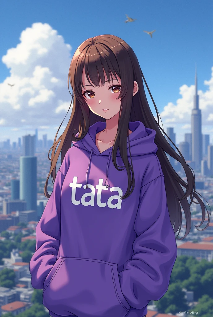 Create anime character;https://image.cdn.centcloud.seaart.me/2024-08-29/cr8620te878c73aaiuig/17a98718b9ac412f2eef32135f892fca_high.webp
{background: building capital HD text: “GLBK” in center-top, rooftop}, tanned skin,
realistic, HDR, beautiful, korean style, full body, age 20, hoodie HD text: “Tata”, female, brown hair, long hair, purple