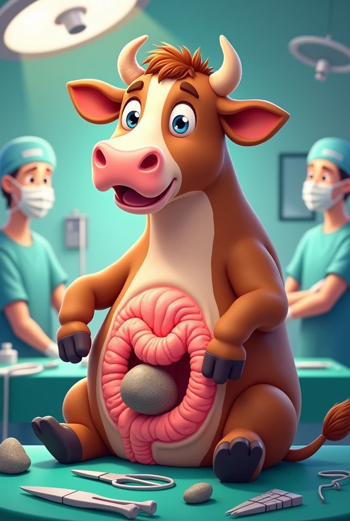 Abdomen surgery and opening intestine and removing a stone from the intestine in a full brown Jersey cow cartoon
