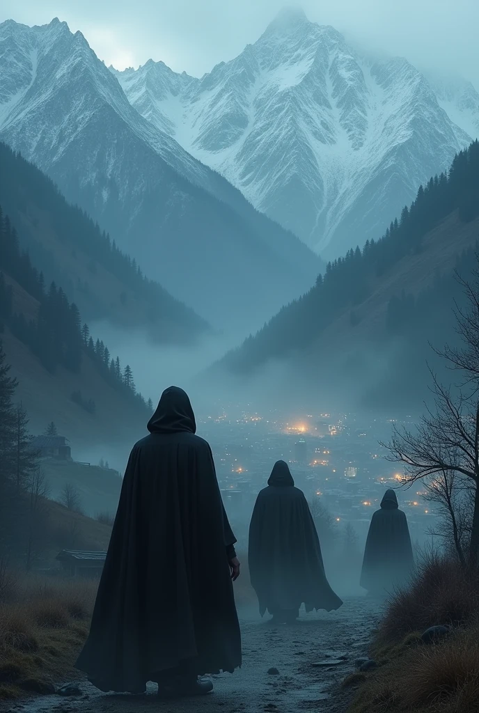 (photorealism:1.2), youtube thumbnail, haunted place in kasmir,scary environment between snowy mountains a city between mountains night time , several ghost  flying upon the city in black clothes 