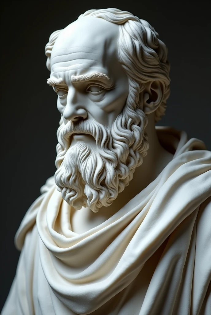 A marble statue of a stoic philosopher with beard up close face and chest