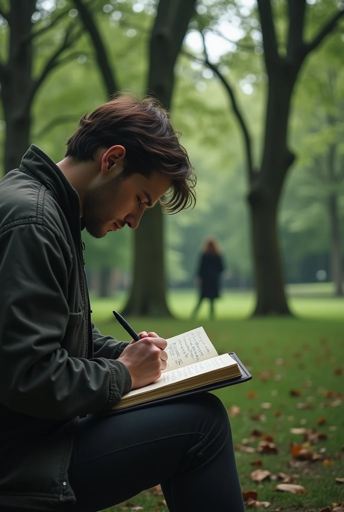 Prompt 3: A scene in a park where one person sits alone, writing in a journal. As they write "Baith," the camera pans to show someone approaching and sitting down next to them, as if they were summoned by the word.