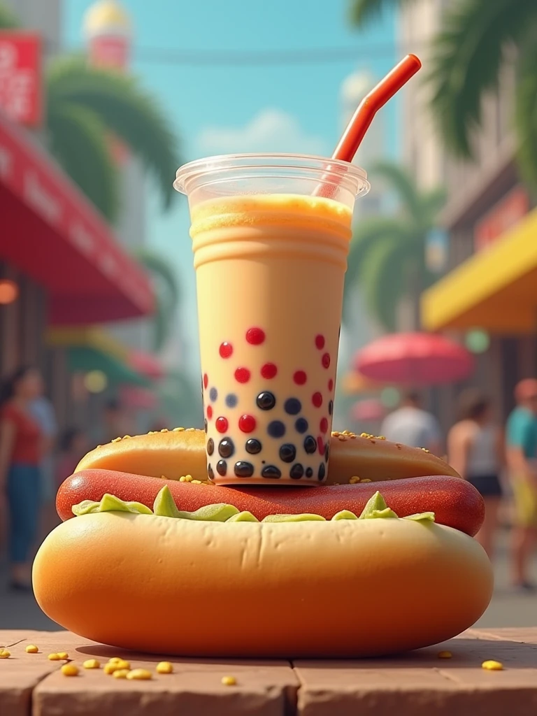 combo a hotdog and a cup of bubble tea