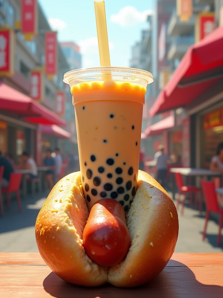 combo a hotdog and a cup of bubble tea