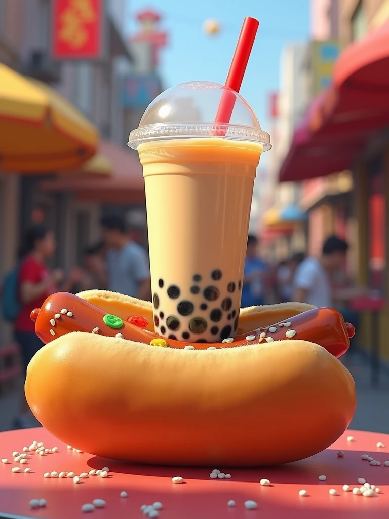 combo a hotdog and a cup of bubble tea