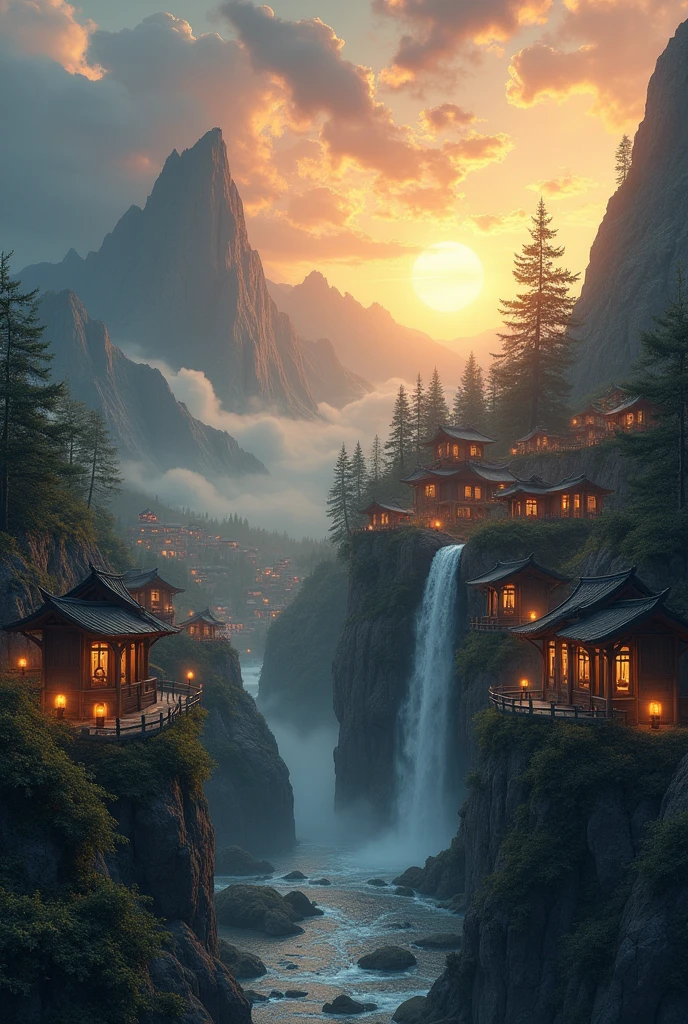 "Create a breathtaking AI design featuring a mystical village nestled in a rocky terrain, with a dramatic cloud-filled sky in the background. Incorporate earthy tones with hints of gold to evoke an epic and historical atmosphere. Include the following elements:
- A majestic waterfall cascading down the rocks
- Whimsical magic lanterns scattered throughout the village
- A colossal mountain looming in the distance, with the sun rising in the far horizon
- Mysterious village structures with intricate details and textures
Balance the composition to capture the essence of a mystical world, where ancient secrets and magic await. Ensure the design is rich in detail, with a focus on storytelling and atmosphere."