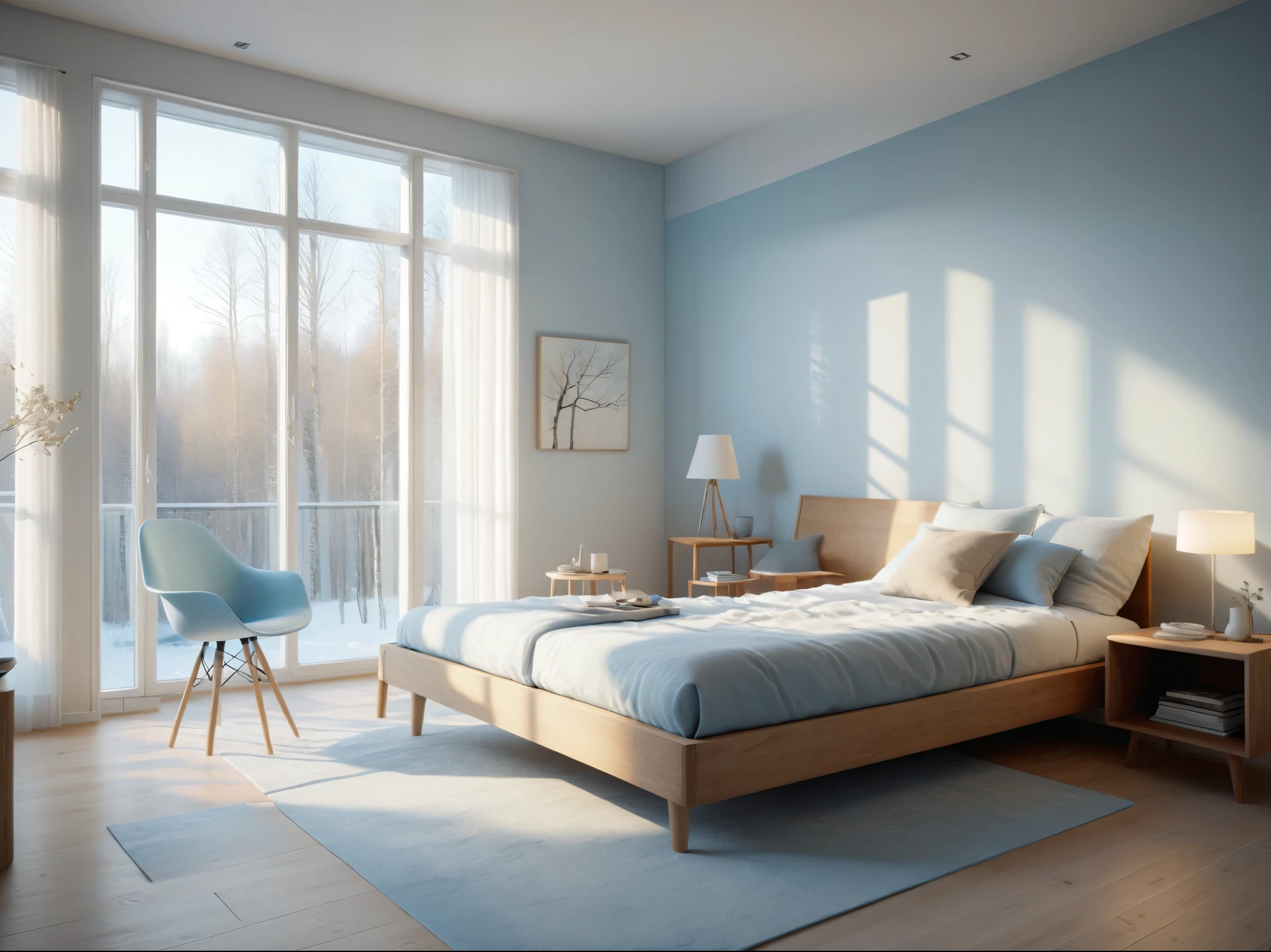 The warm Nordic style room is dominated by light blue, White, And light color.  floor，Chair，Floor-to-ceiling windows，Ultra-high-definition image quality under natural light. They are designed using software such as Blender, Octane renderer, and C4D.In a modern living room designed by a famous architect, 