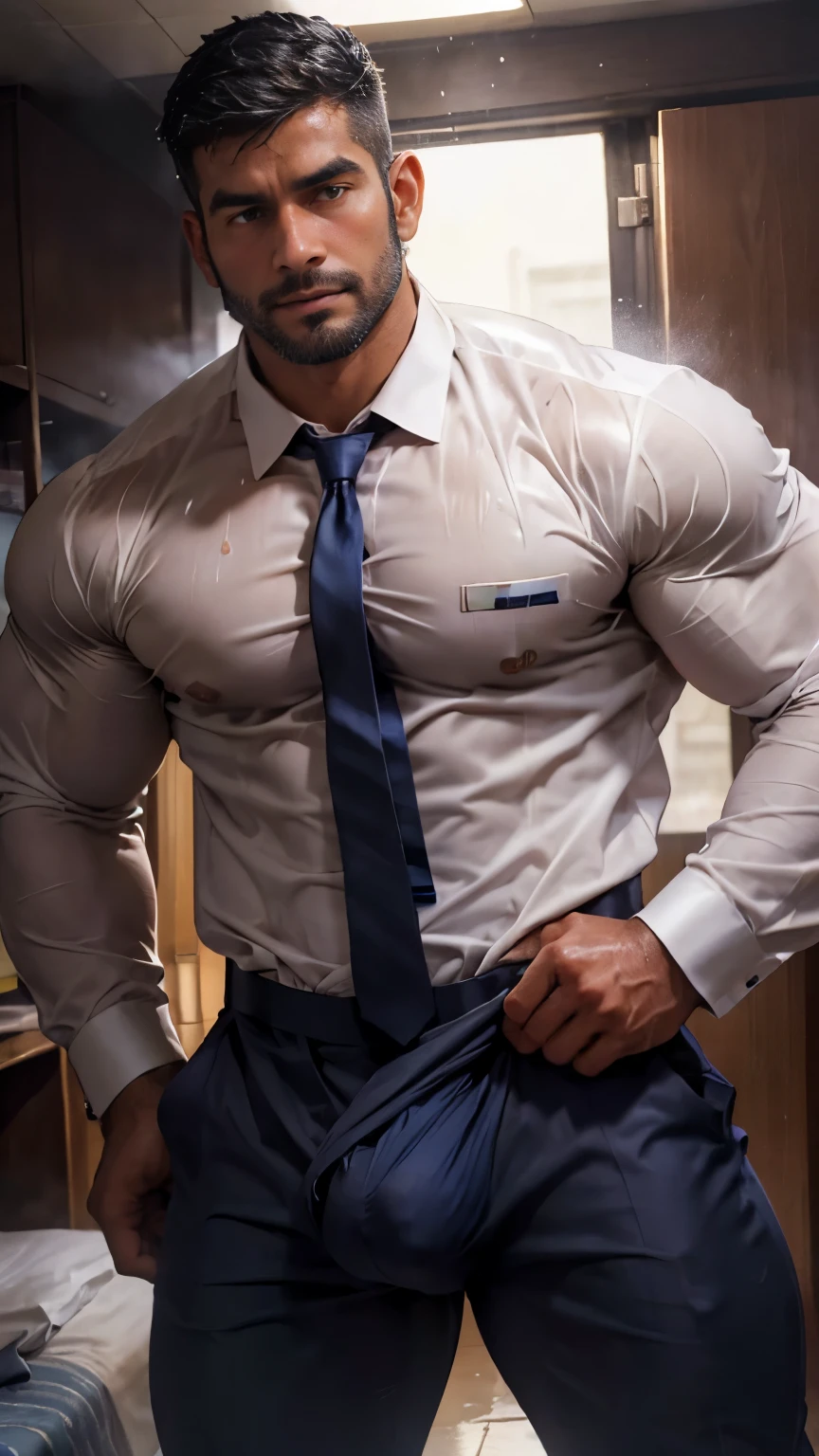 40-year-old boy holded his bulge ,Indian muscular male executive formal work uniform shirt, wearing tie................ navy blue sexy man thong only... no pants.... dripping on body and pants....................,legs wide open, legs on shoulder, missionary POV, drenching sweet, holding bulge, bulge dripping , all soaked wet
