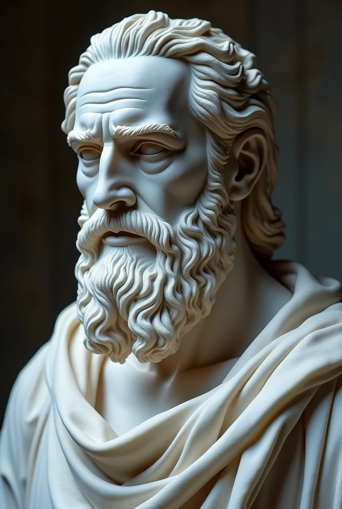 A marble statue of a stoic philosopher with beard up close face and chest