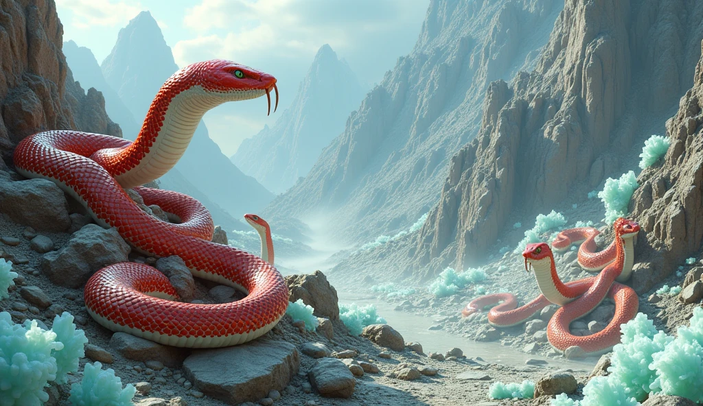 There is white jade ore on the mountain，There are also many pit vipers with red and white rings and spikes on their noses.（best quality，4K，8k，High level，masterpiece：1.2），Ultra Detailed，（lifelike，Photo real，Photo real：1.37）