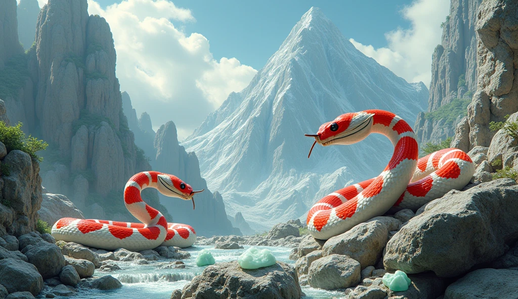 There is white jade ore on the mountain，There are also many pit vipers with red and white rings and spikes on their noses.（best quality，4K，8k，High level，masterpiece：1.2），Ultra Detailed，（lifelike，Photo real，Photo real：1.37）