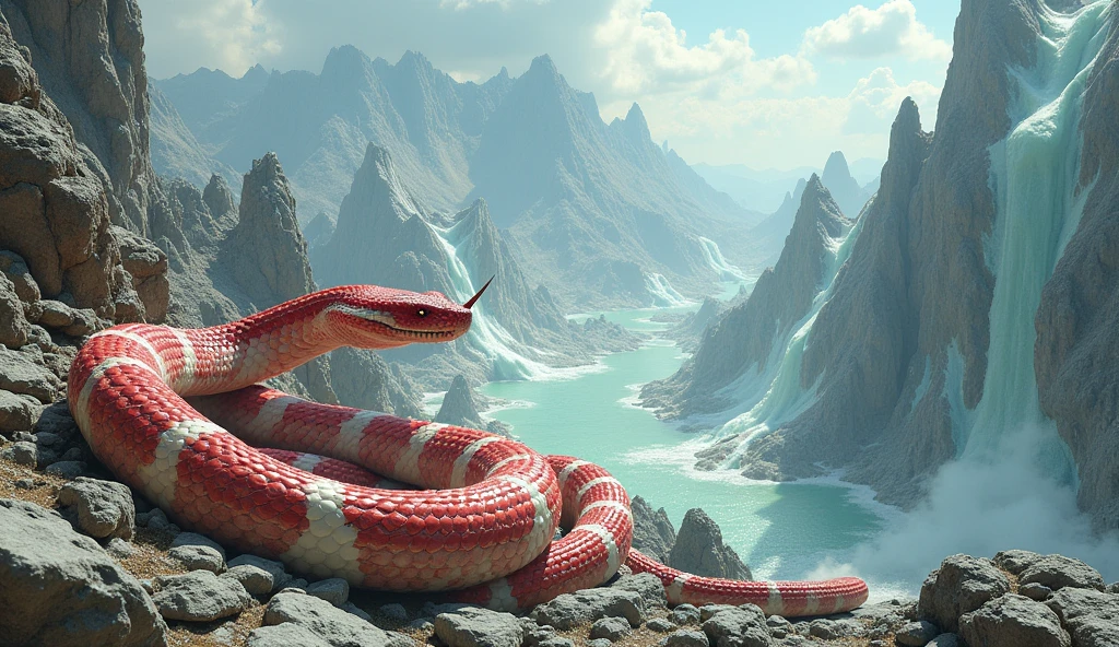 There is white jade ore on the mountain,There are also many pit vipers with red and white rings and spikes on their noses.(best quality,4K,8k,High level,masterpiece:1.2),Ultra Detailed,(lifelike,Photo real,Photo real:1.37)
