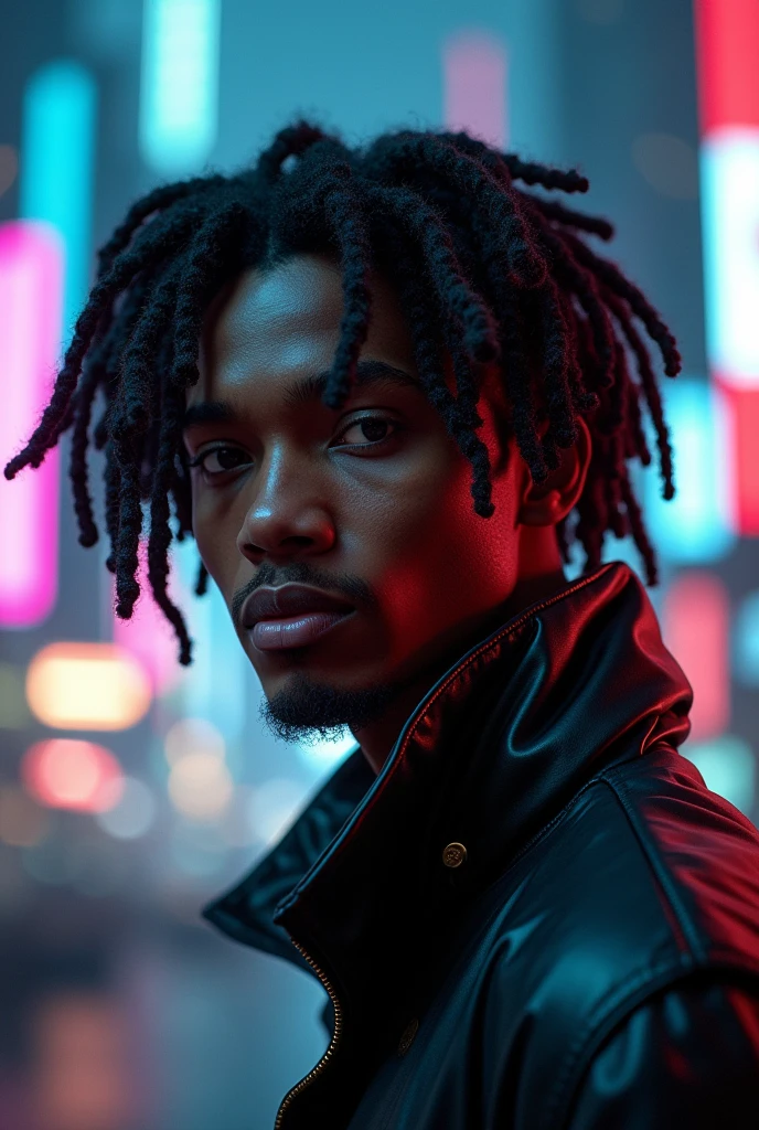 a man who is half black and half asian, locs , cyberpunk style, neon cityscape background, dramatic lighting, moody color palette, cinematic composition, photorealistic, 8k, hyper detailed