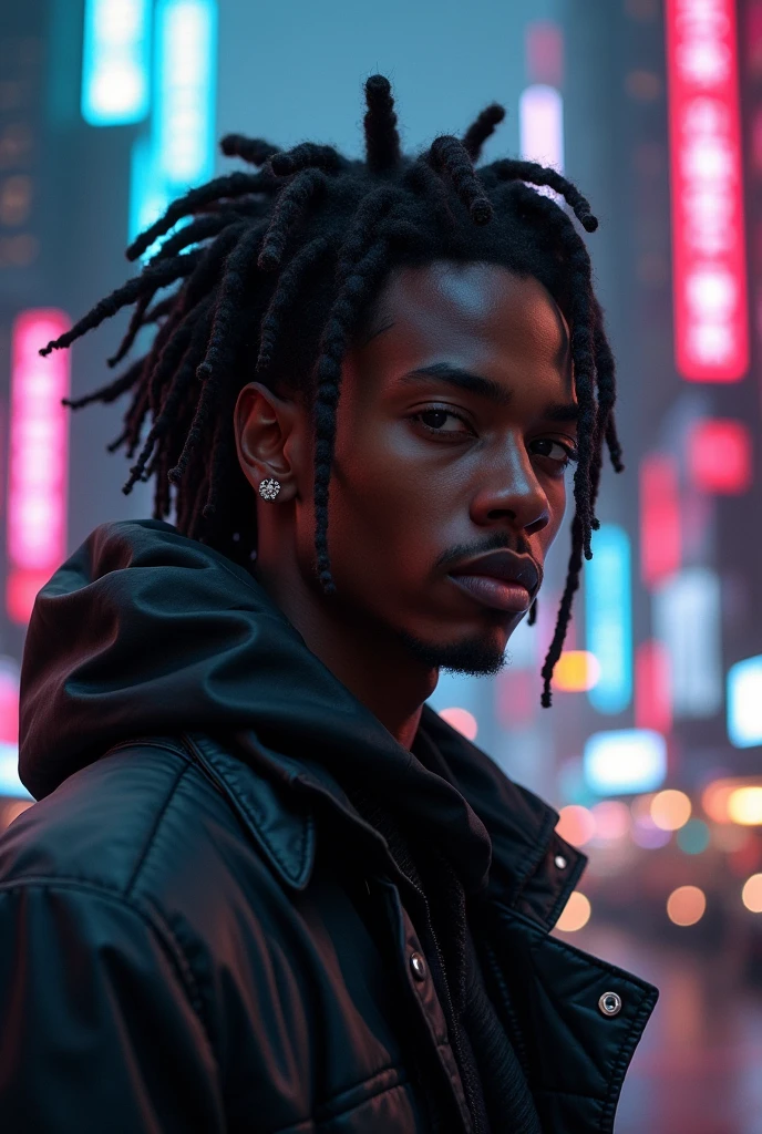 a man who is half black and half asian, locs , cyberpunk style, neon cityscape background, dramatic lighting, moody color palette, cinematic composition, photorealistic, 8k, hyper detailed