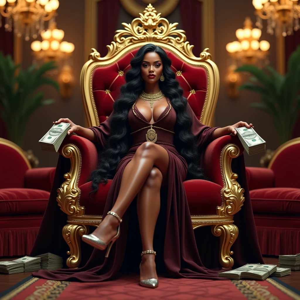 (photorealism:1.2), photorealist A plus-size, curvaceous BBW woman in her mid-30s with a dark-skinned, melanin-rich complexion sits regally on a grand throne chair inside a luxurious mansion. She exudes power, wealth, and authority, perfectly embodying a matriarch findom goddess persona. Dressed in a luxurious designer outfit—a form-fitting, elegant dress paired with high heels and adorned with gold jewelry— with long flowing hair she displays an aura of supreme confidence and control. At her feet, a white male kneels in submission, his head bowed low as he worships her, his hands holding large stacks of cash as offerings to her power. The room around her is opulent, featuring high ceilings, grand chandeliers, and lavish furnishings, with rich textures and gold accents that highlight the grandeur of her domain and the atmosphere of wealth and dominance.