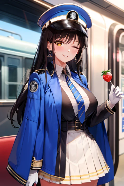 diesel \(nikke\),1 mature female, long hair,  standing, looking at viewer, smile, yellow eyes, earrings, jewelry, jacket on shoulders, white shirt, collared shirt, striped, blue necktie, white gloves, white skirt, blue headwear, peaked cap, train, cockpit, blush, strawberry, candy, lollipop, one eye closed,