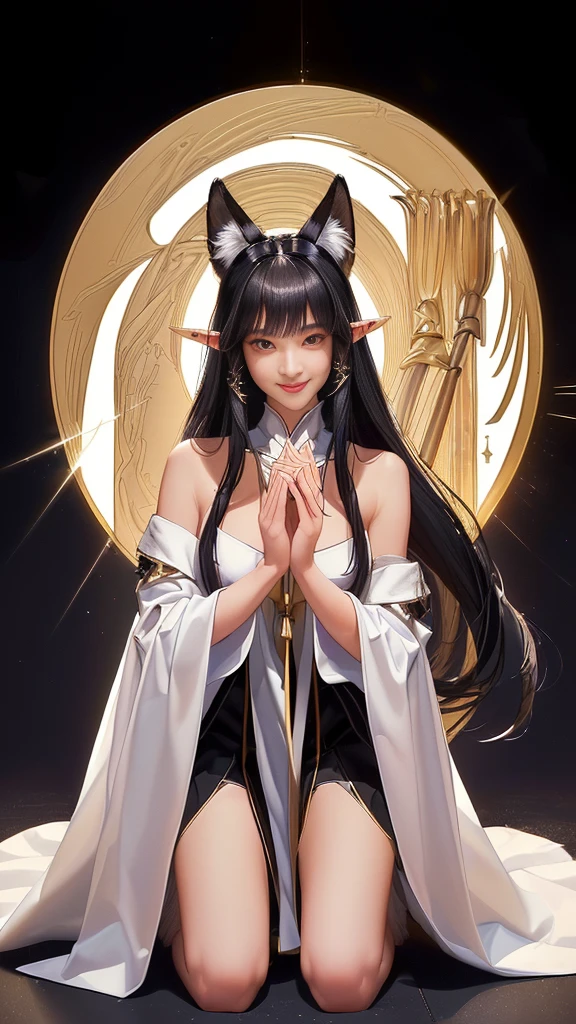 (（（Perfect body,（（（Ping Ping）））,（（（Black long hair，Pointed ears，Fox fur skirt，Fox Tail））），((masterpiece)),high resolution, ((Best quality at best)),masterpiece,quality,Best quality,（（（ Exquisite facial features,Looking at the audience,There is light in the eyes,Smile））），Kneeling on the ground，Bird&#39;s-eye view）））,（（（Light and shadow,Huge breasts，）））,（（（Looking at the camera,White background,)））)