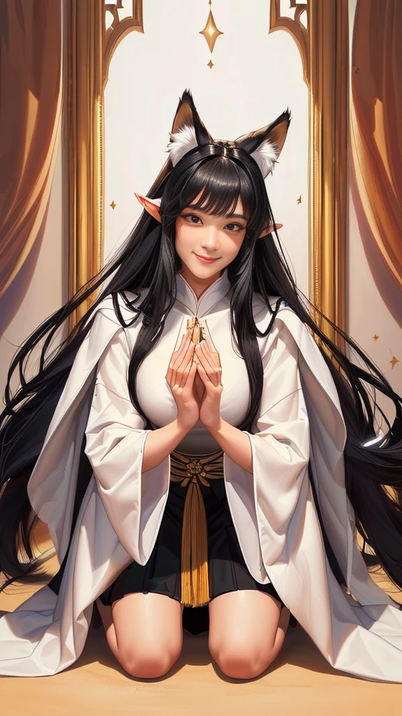 (（（Perfect body,（（（Ping Ping）））,（（（Black long hair，Pointed ears，Fox fur skirt，Fox Tail））），((masterpiece)),high resolution, ((Best quality at best)),masterpiece,quality,Best quality,（（（ Exquisite facial features,Looking at the audience,There is light in the eyes,Smile））），Kneeling on the ground，Bird&#39;s-eye view）））,（（（Light and shadow,Huge breasts，）））,（（（Looking at the camera,White background,)））)