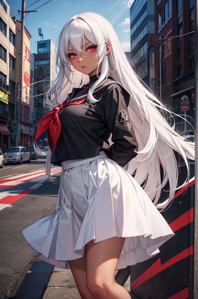 anime girl portrait, 1girl, black school uniform, long white hair, dark skin, long skirt, fierce expression, makeup, full lips, red neckerchief, muscular, detailed face, intricate details, natural lightning, graffiti, city background, day
