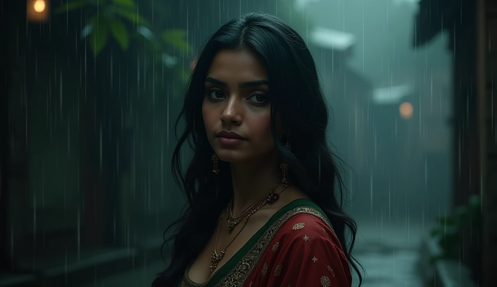 Punjabi beautiful female, dark background, raining,