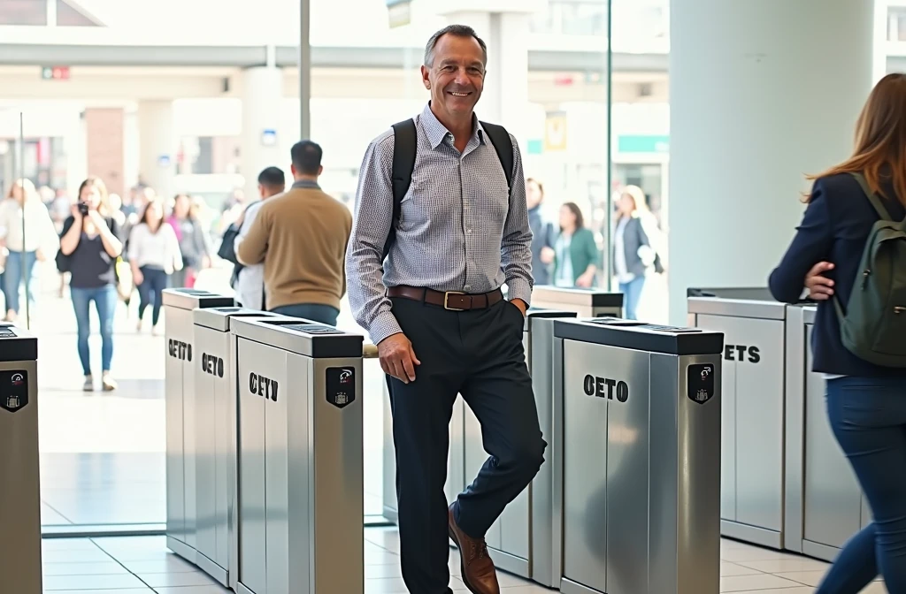 create a realistic video of a smiling man walking towards a closed turnstile.