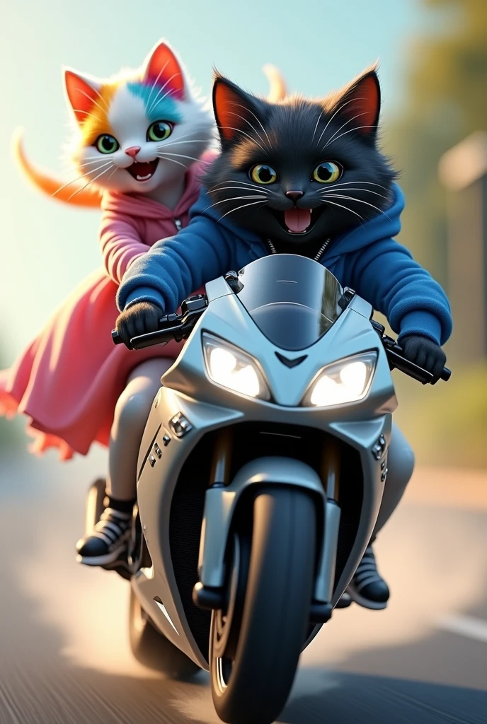 Image 8**: The young cats are riding on a sleek superbike, with the black long height cat wearing a blue jacket and white pant driving and the rainbow-colored white cat wearing a pink grown sitting behind, her arms wrapped around his waist. The wind is blowing through their fur, and they both look thrilled.