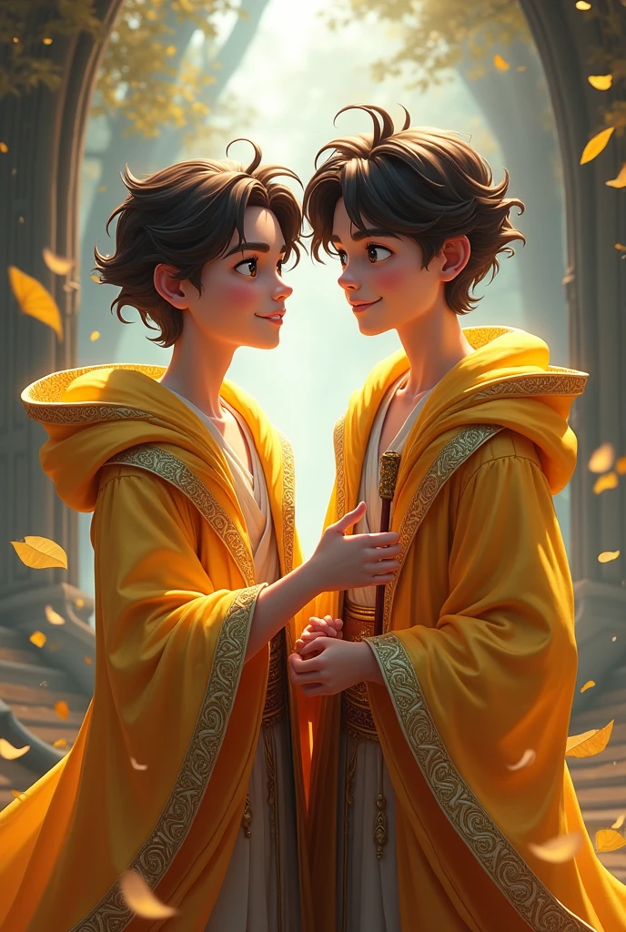 Cute young male character in the fantasy era, magic world, attractive colors, sweet-faced young man holding a magic wand in his hand, magic, cool robes, young man, magic wand in the Harry Potter series, beautiful golden robes, two young men, one with a sweet face and one with a fierce face.