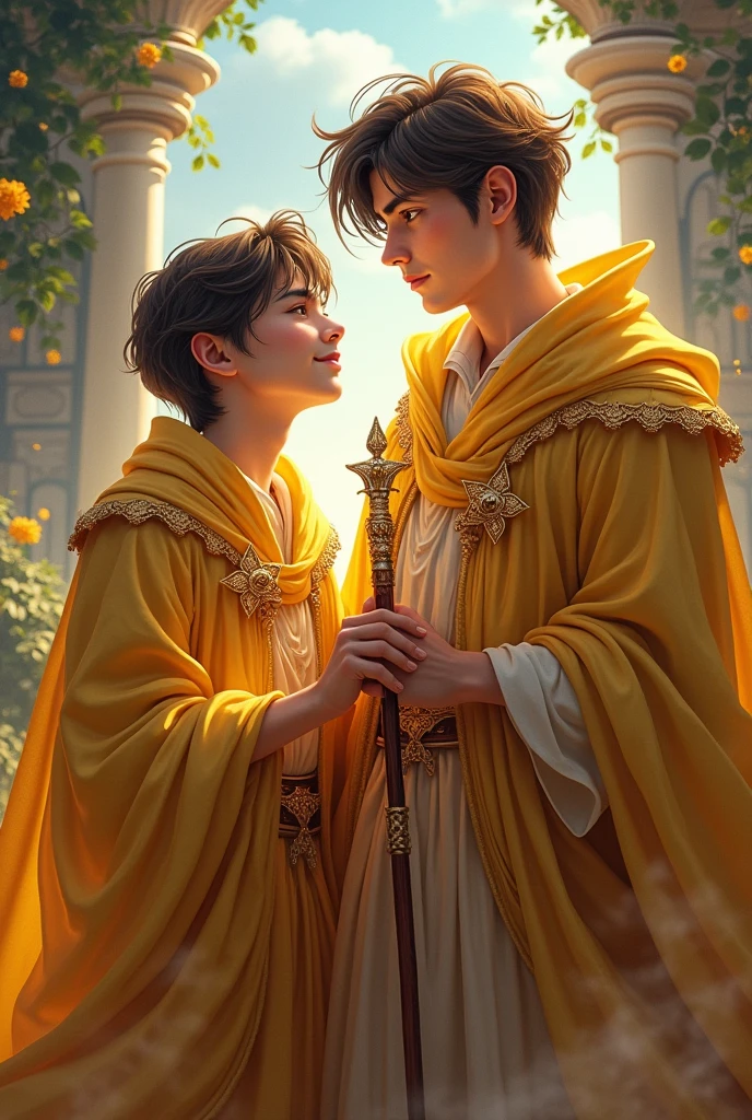 Cute young male character in the fantasy era, magic world, attractive colors, sweet-faced young man holding a magic wand in his hand, magic, cool robes, young man, magic wand in the Harry Potter series, beautiful golden robes, two young men, one with a sweet face and one with a fierce face.