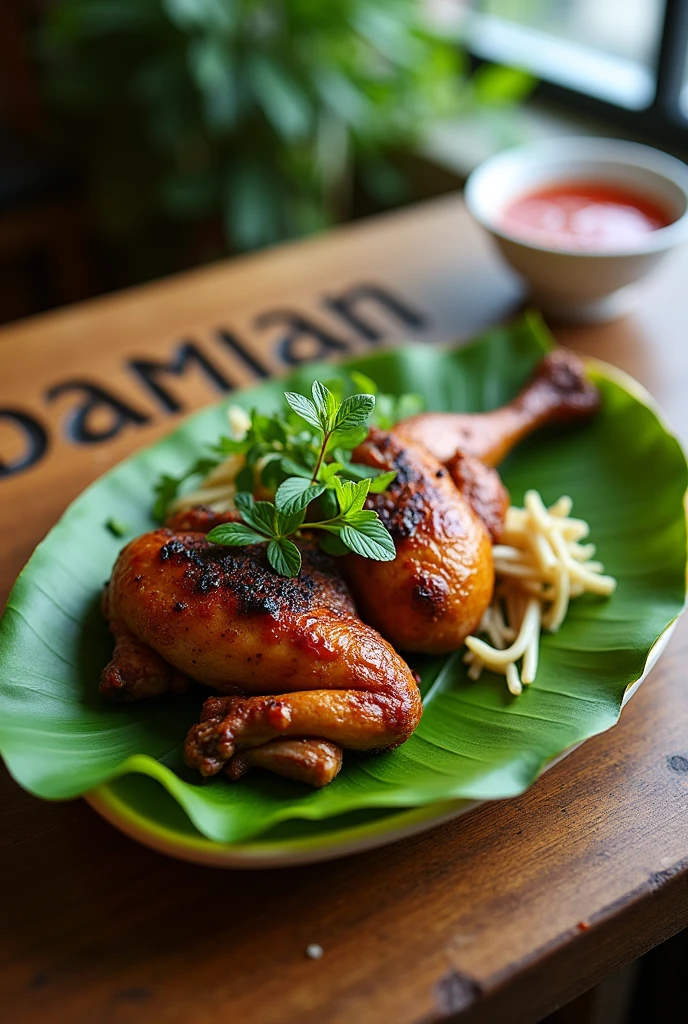 A close-up image of a succulent grilled chicken, perfectly charred and served on a banana leaf. The chicken is garnished with fresh herbs and placed beside a small bowl of spicy red sambal. The meal is presented on a rustic wooden table with the word 'DAMIAN' artistically engraved on the surface. The natural lighting from a nearby window creates a warm, inviting atmosphere, highlighting the textures and colors of the food. The background is softly blurred to keep the focus on the appetizing dish.