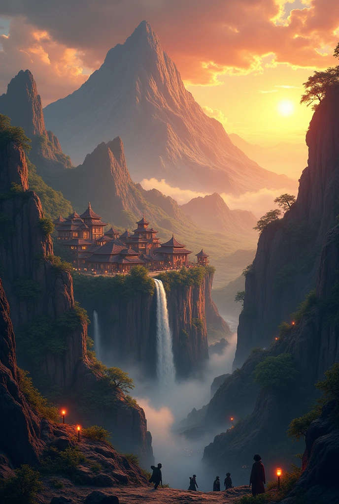"Create a breathtaking movie poster background AI design featuring a mystical village nestled in a rocky terrain, with a dramatic cloud-filled sky in the background. Incorporate earthy tones with hints of gold to evoke an epic and historical atmosphere. Include the following elements:

- A majestic waterfall cascading down the rocks
- Whimsical magic lanterns scattered throughout the village
- A colossal mountain looming in the distance, with the sun rising in the far horizon
- Mysterious village structures with intricate details and textures

Balance the composition to capture the essence of a mystical world, where ancient secrets and magic await. Ensure the design is rich in detail, with a focus on storytelling and atmosphere."