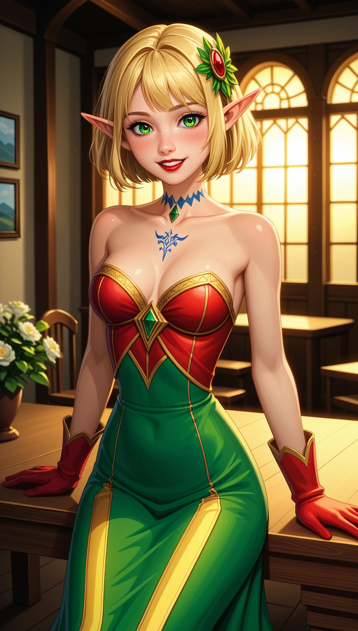 score_9, score_6_up, source_anime, source_anthro, rating_safe, rating_explicit,
sexy, (detailed eyes), (detailed face), beautiful lady, (pov sitting across table:1.1), looking at viewer, sexy verdant dress, skin tight red, dress, blush, (naughty) (naughty smile:0.9), emerald eyes, blonde hair, (smiling:0.9) (mystical tattoo:0.9), (neck tattoo), ((narrow waist)), skinny, thin, (fit body:1.1), (perfect proportions:0.8), (perfect anatomy:0.8), red lipstick, (cowboy shot:1.1), (shiny skin) evangelyneold, 1girl, pointy ears, blonde hair, solo, elf, green eyes, gloves, bare shoulders, short hair, blush, freckles, hair ornament, BREAK, good hands, detailed hands, anatomical hands, (beautiful composition:1.1), masterpiece, fantasy, sexy, , soft glow, polished, clean image, gorgeous, stunning, triadic colors, high contrast, Vivid color, dark, (concept_pov_dating_ownwaifu:1.1), www.ownwaifu.com, 1girl, solo, looking at viewer, breasts, sitting at table perfect teeth,, (volumetric lighting), (dynamic lighiting), godrays, Rembrandt lighting, real shadows, intricate detail, photorealistic, photograph, photo, dlsr, Fuji Film, extremely high detail, detailed skin texture, (blush:0.2), (goosebumps:0.3), subsurface scattering

detailed background, detailed foreground, depth of field, ambient silhouette, backlighting