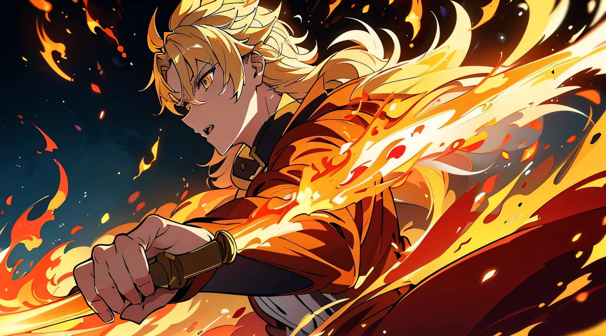 an intense fury of a man (blond half wolf boy with blond wolf ears and tail with golden eyes), blond showing a blade of fire with flames around his body with glowing golden eyes ,lights on complex background, work of art, high resolution, detailedeyes.