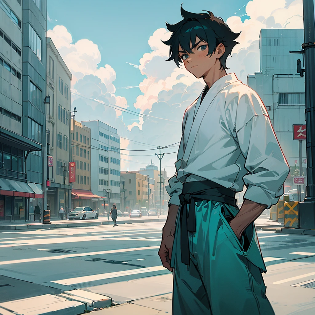 ((masterpiece,best quality,1boy,male focus,looking at viewer,solo,closed mouth,teenager,muscular,muscle,swordsman,katana))
ash gray hair,short messy hair,teal eyes,perfect eyes,perfect face,calm demeanor,modern clothing,white sweatshirt,white pants,red jordans,dark skin color,standing still,caramel skin color,
((street level background,noon,cloudy sky,buildings,street,clouds,afternoon))