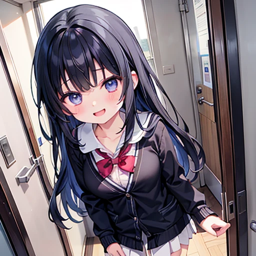 With a girl、1 person、1、Black Hair、Iris、Hair length、Laughter、Big smile、Small breasts、School、uniform、classroom、cardigan、Hide at the door