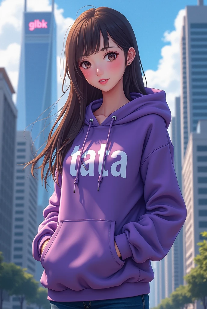 Create anime character;
{background: building capital HD text: “GLBK” in center-top, rooftop}, tanned skin,
realistic, HDR, beautiful, korean style, full body, age 20, hoodie HD text: “Tata”, female, brown hair, long hair, purple