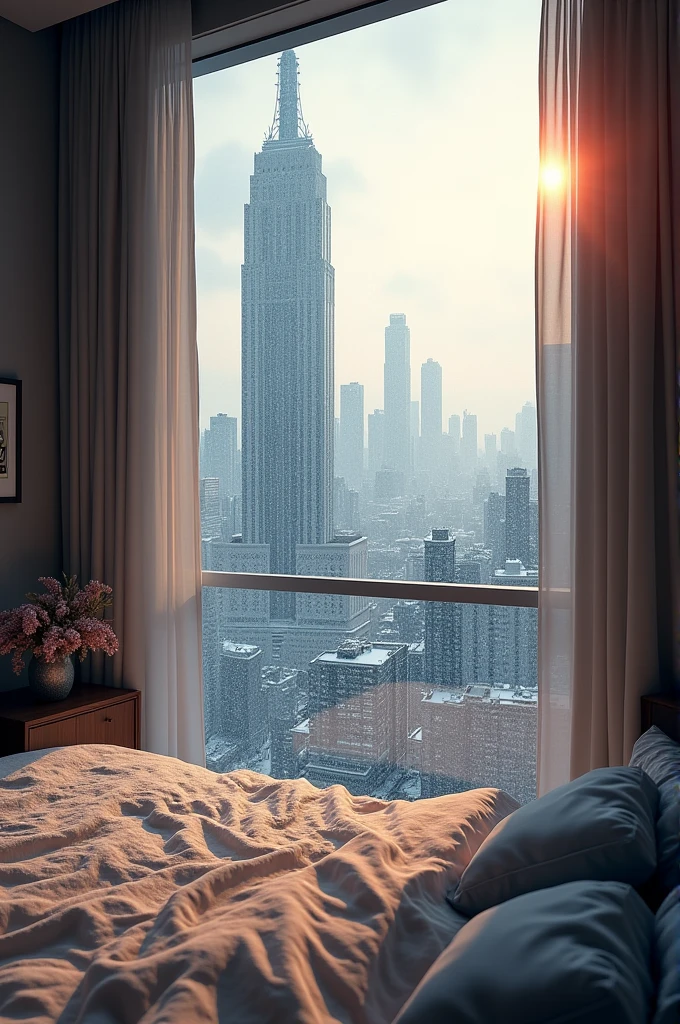 20 sorty bulding inside pov viewing the city and bedroom the weather is snowwing but a little sunny