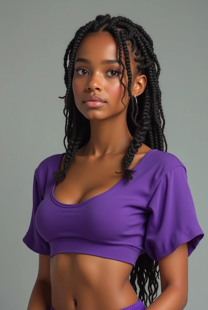 Repeat image Woman with a very real physique, young age 1 with braided curly hair, large and wide forehead with a purple blouse and light brown skin, full body image 