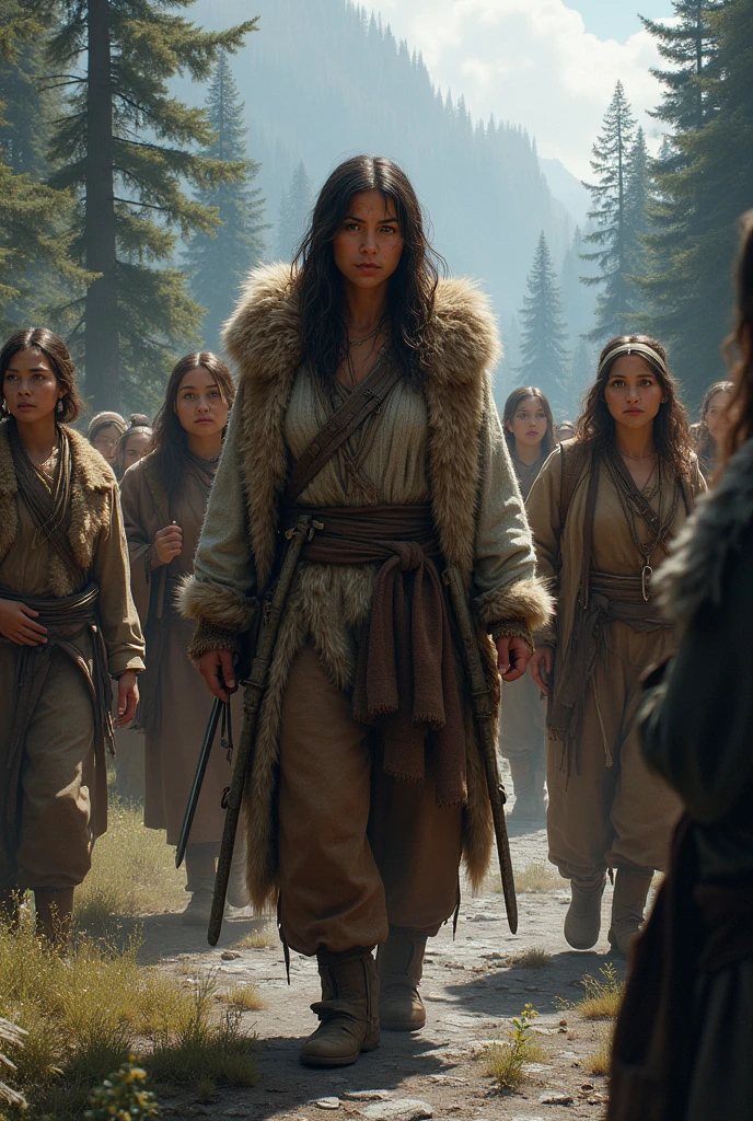 Draw a picture of a trapper with several women around her 

