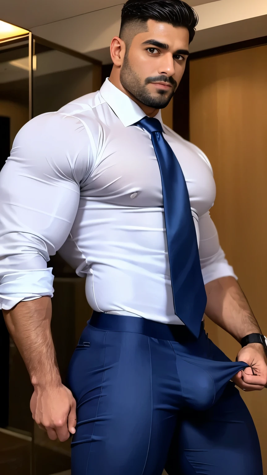 30-year-old boy holded his bulge ,Indian muscular male executive formal work uniform shirt, wearing tie................ navy blue sexy man thong only... no pants.... dripping on body and pants....................,legs wide open, legs on shoulder, missionary POV,  drenching sweet, holding bulge, bulge dripping , all soaked wet
