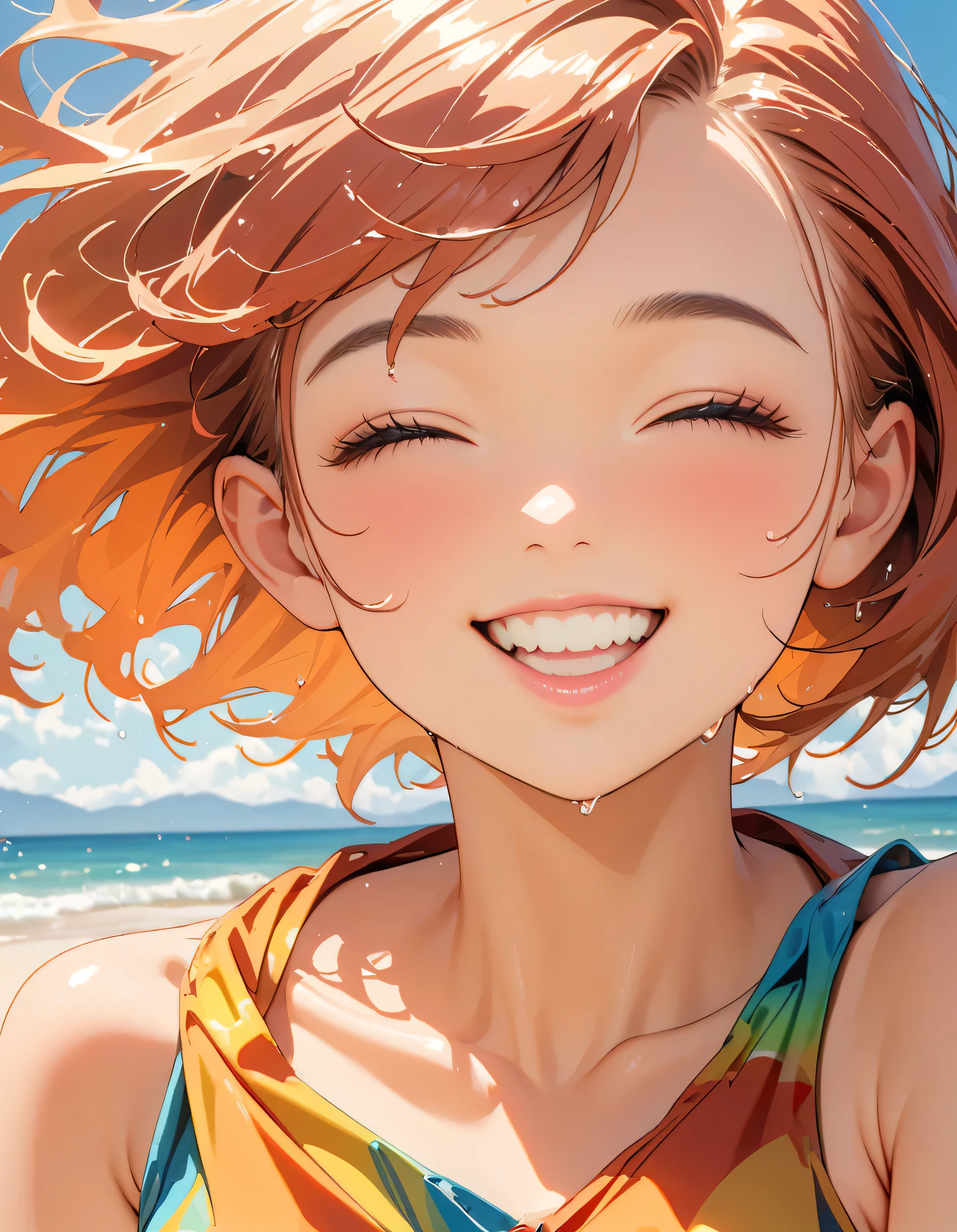 (Highest quality:1.2, Very detailed, Latest, Vibrant, masterpiece:1.2, Highest quality, Best aesthetics), smile, ((Face Up Shot:1.4)), 1980s style, 8K Ultra HD, Background Blur, smile, One Woman, Woman in bikini, Strong sunlight, Seaside, sunny, Summer sunshine, Wet Skin, Sandy Beach, Dynamic Angle, Get excited