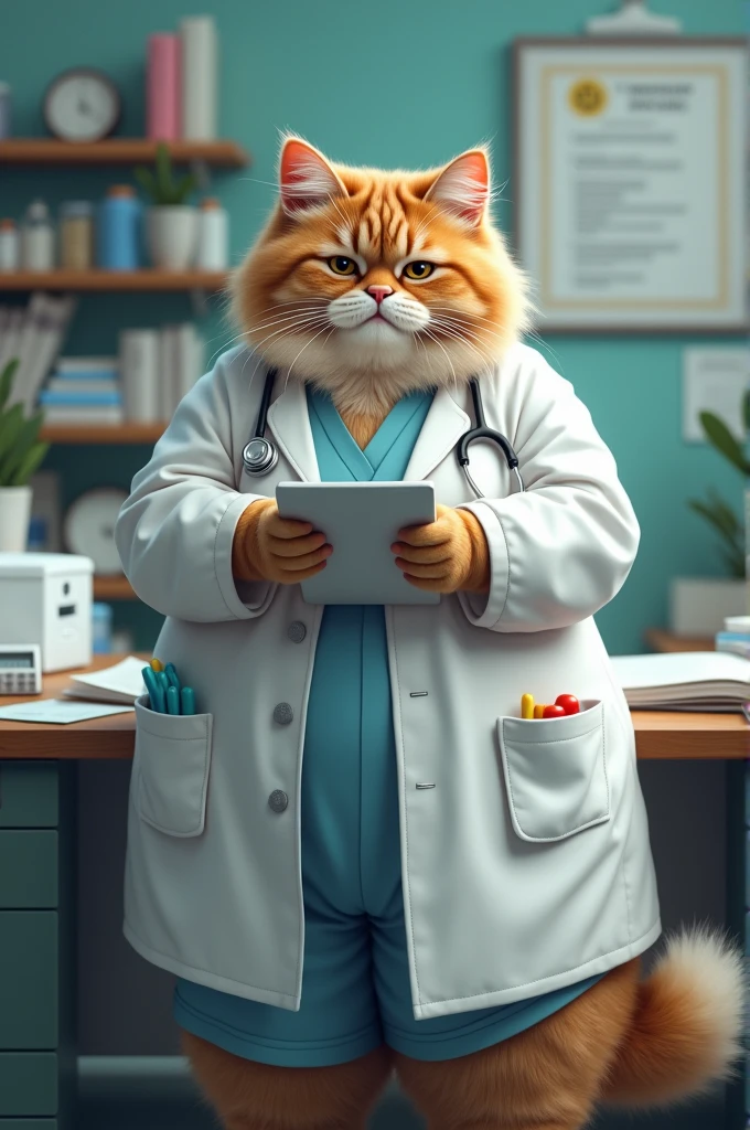 Fat cat in a doctor professions