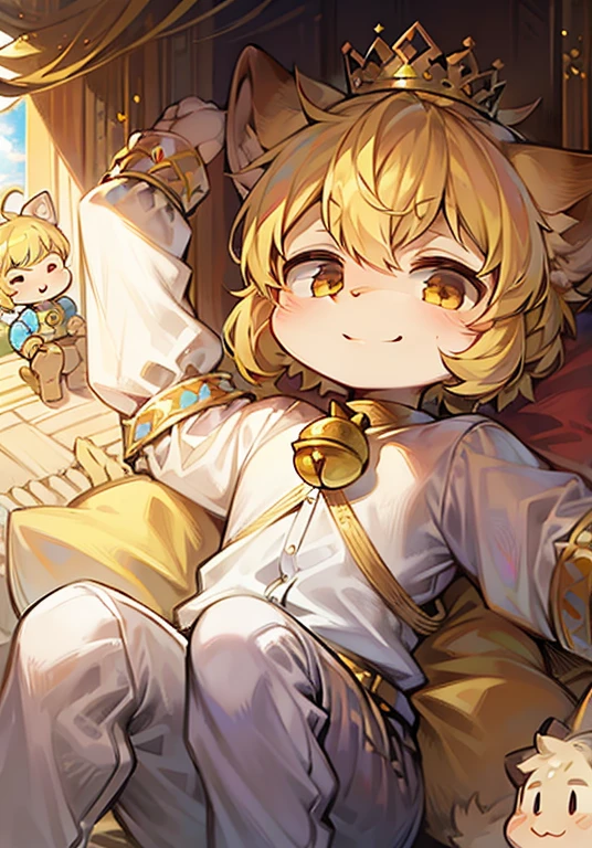 palace,Wearing a crown,short hair,blond,Ahog,bell,child,Cat ears,Smile,No spots,Cub,Blonde hair everywhere,Golden hair everywhere,Cat ears,Cat type,Big fluffy tail,masterpiece,High quality portrait,doll,Cub Scouts,Prince Boy,wind,金色披wind,White clothes,White pants,Super cute face,1024x1024